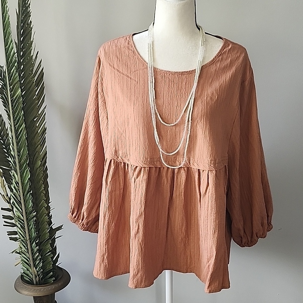 Cato peachy brown textured swing blouse with longer sleeves and button b… - Picture 2 of 14